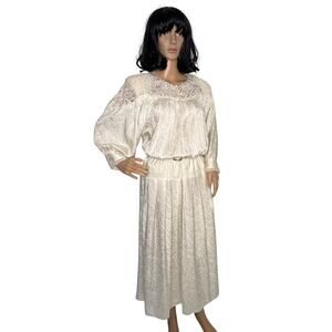 Vintage E.D. Michaels Cream Jacquard Prairie Dress Crochet Lace 80s USA medium